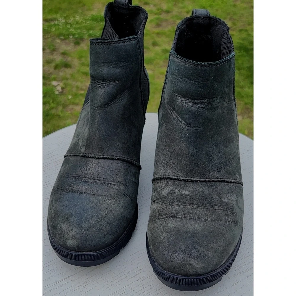 SOREL Joan of Arctic Wedge II Booties slip on Ankle Black Leather Sz‎ 8 NL3022